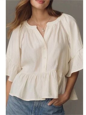By Anthropologie Short-Sleeve Peplum Swing Top, XXS, White